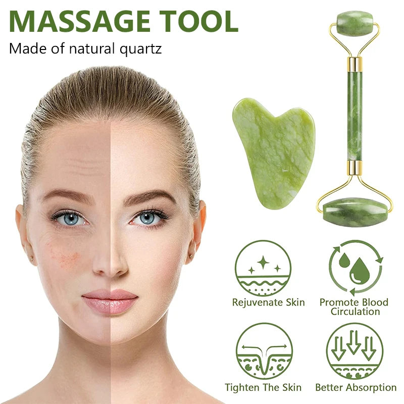 Green jade gua sha scraper and dual-ended face roller with gold metal accents next to a woman's face.