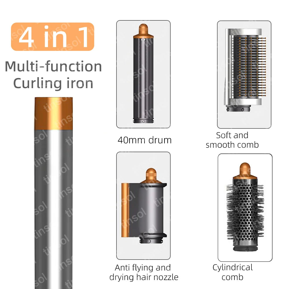 Grey and copper 4-in-1 hair dryer set with curling drum, smooth comb, nozzle, and round brush attachments.