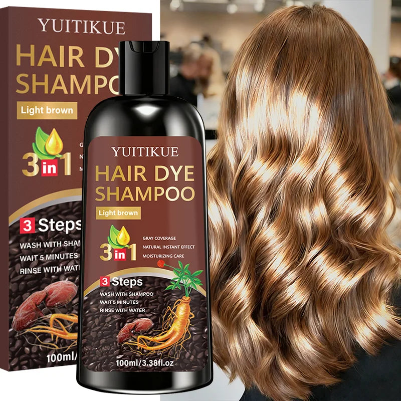 YUITIKUE 3-in-1 Hair Dye Shampoo - Light Brown, Gentle Plant Formula, Easy To Use At Home, Moisturizes Hair, 100ml