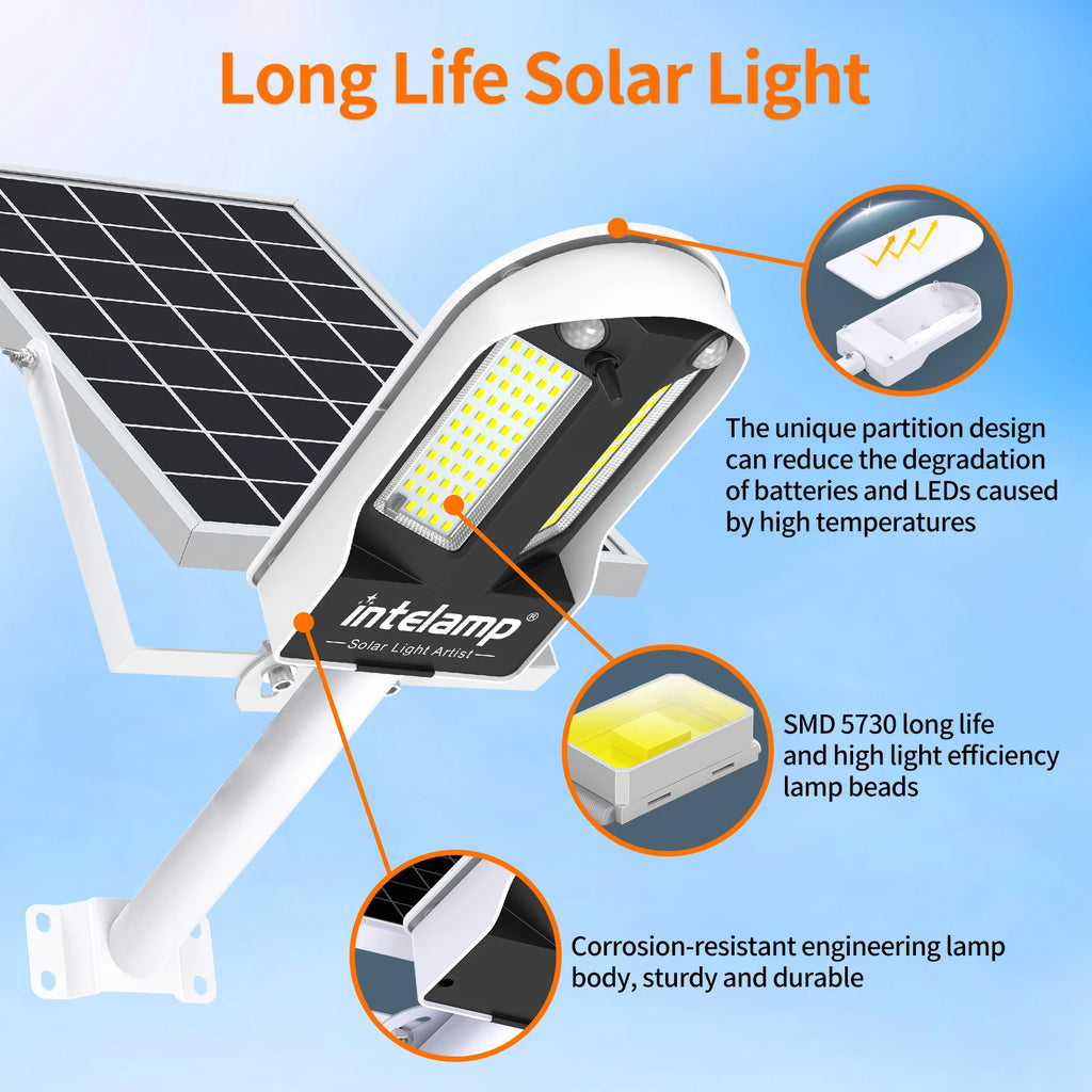 Intelamp Solar Street Lights Outdoor Lamp 3000LM 12500mAh With Two Motion Sensors Super Large Solar Panel For Garden Yard Path