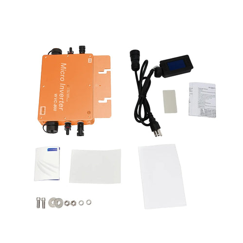 Orange WVC-800 micro solar inverter with LCD display, AC power cable, mounting hardware, and manuals on white background.