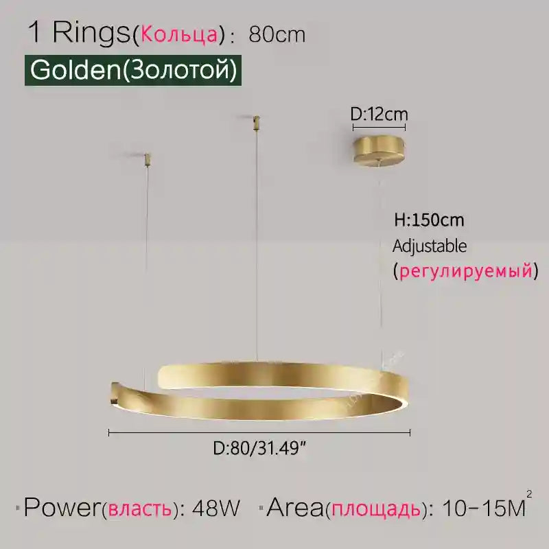 Modern 3-Ring LED Chandelier - Adjustable Dimmable Black Finish Golden 80cm Tidesmit