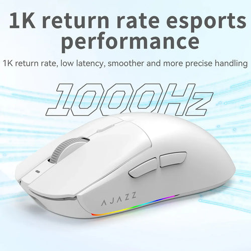 White Ajazz AJ139 V2 wireless gaming mouse with side buttons, scroll wheel, and RGB base lighting.