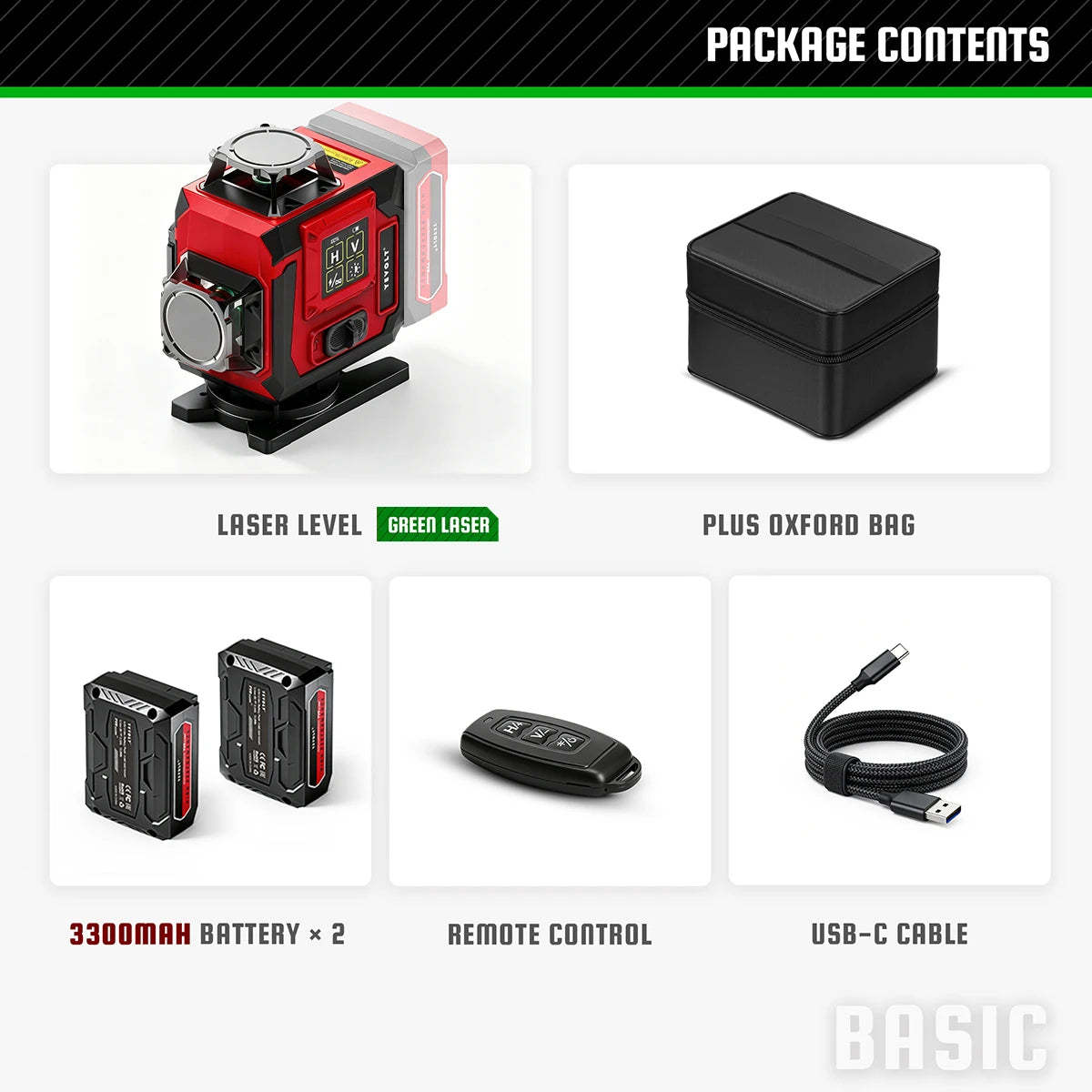 Green laser level kit with red laser unit, plus Oxford bag, battery, remote control, USB-C cable