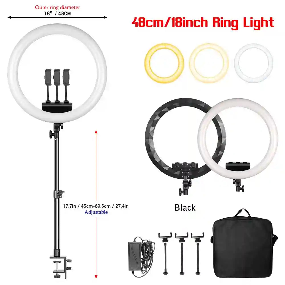 18 Inch LED Ring Light with Adjustable Tripod for Professional Streaming Black desktop stand Tidesmit