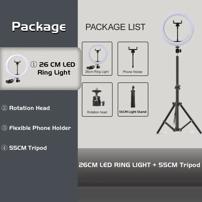 10-Inch LED Ring Light with Adjustable Tripod Stand for Content Creation 10in Ring BK55cm Tidesmit