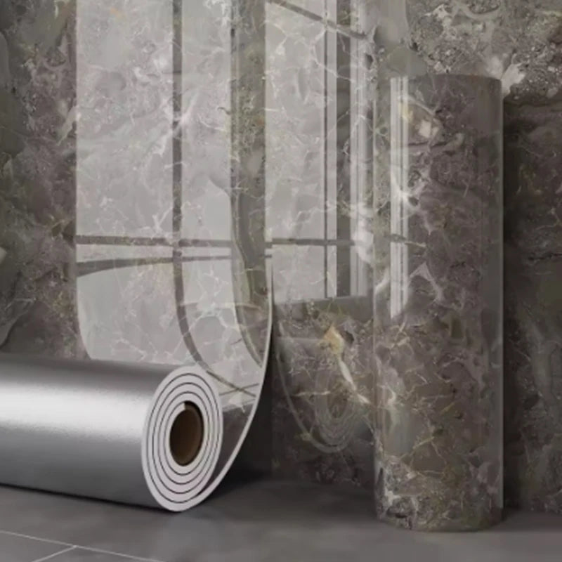 Gray marble-effect self-adhesive wallpaper roll, reflective stone tile pattern