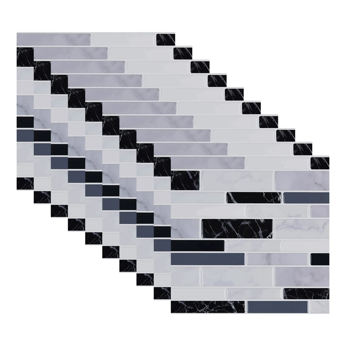 3D mosaic tile sticker sheet with white and gray bricks and black accents