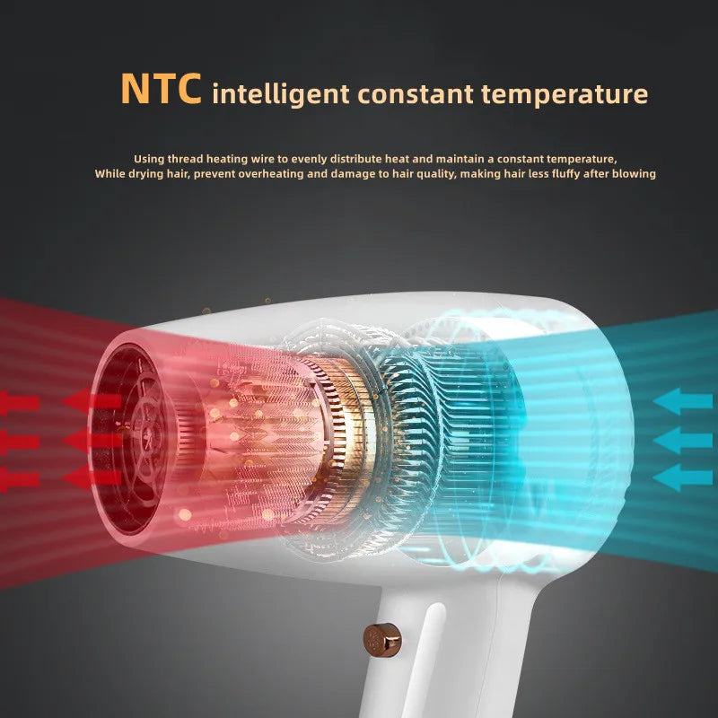 White NTC constant temperature hair dryer with internal heating coil design for professional salon hair care results.