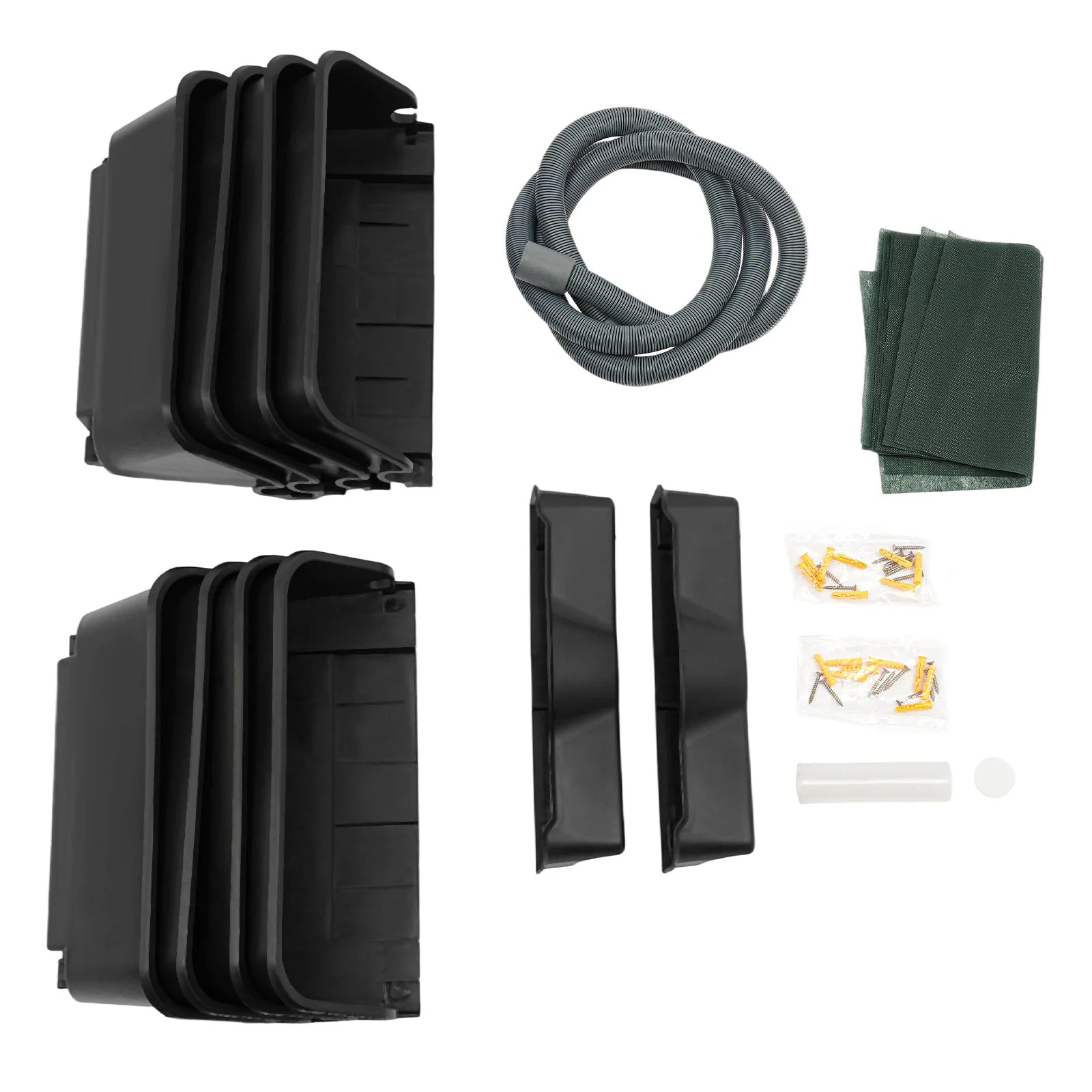 Vertical planter parts kit: black wall pots, gray hose, and green filter pads
