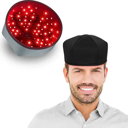 Round LED red light therapy device cap for hair wellness, shown with internal red light diodes for scalp treatment.