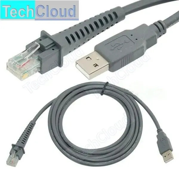 Grey USB barcode scanner cable with RJ45 and USB-A connectors, 2m length