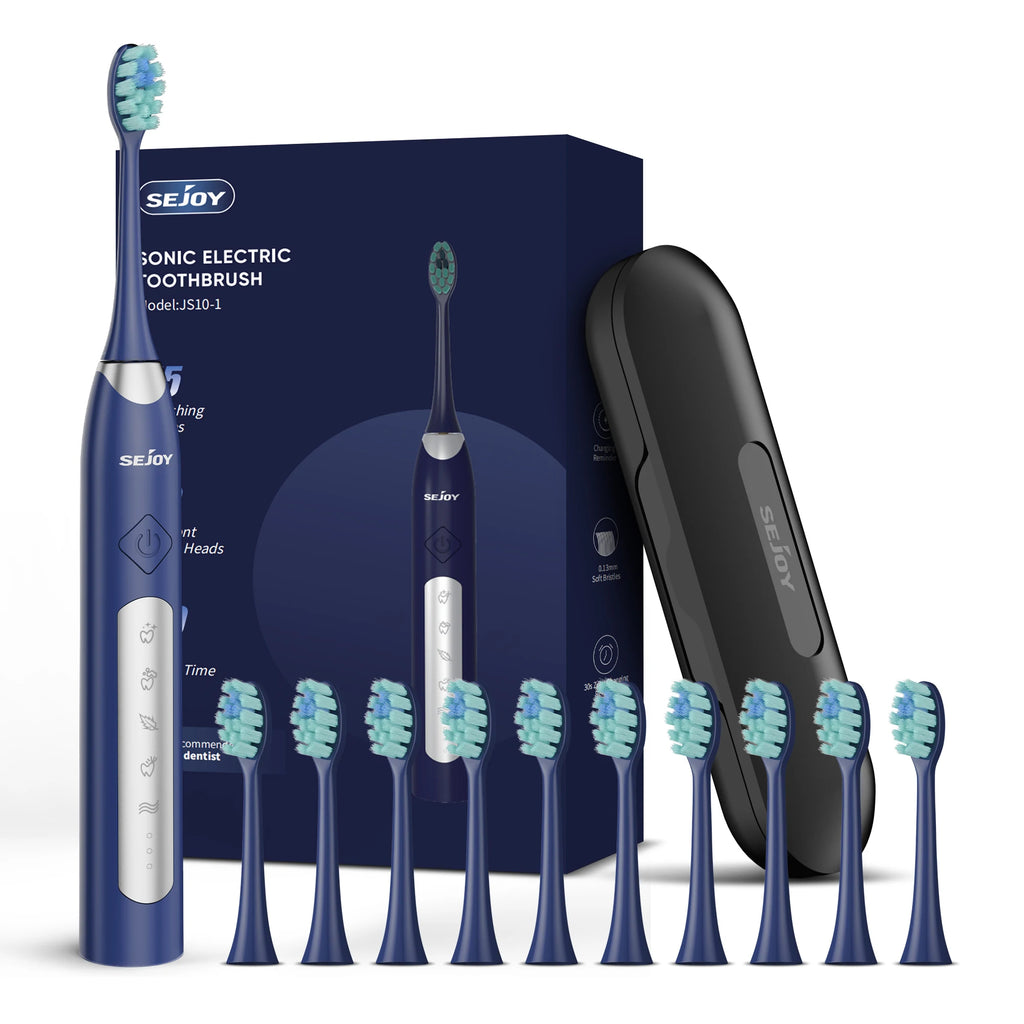 Sejoy Electric Sonic Toothbrush with 10 pcs Replacement Heads 5 Modes USB Rechargeable Waterproof Electric Tooth Brushes