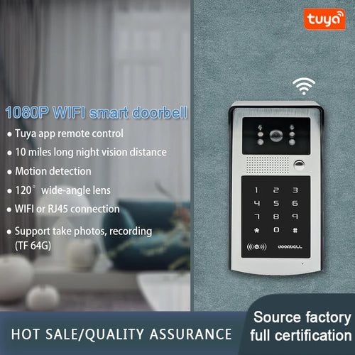 WiFi video doorbell intercom with keypad, camera lens, and RFID-style lock panel