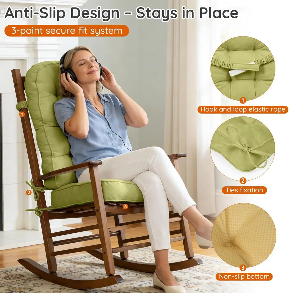 Rocking Chair Cushions, Indoor Outdoor Chair Cushion, Waterproof Fade Resistant High Back Patio Chair Pad with Non Slip Tufted