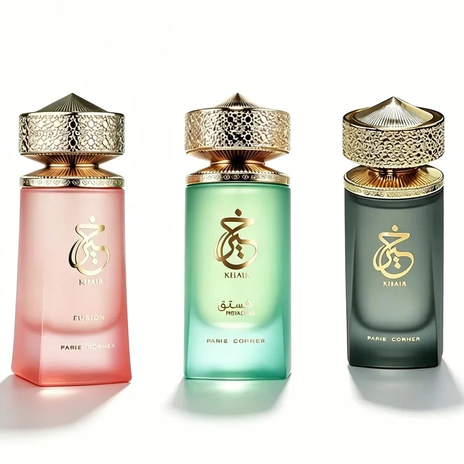 Parie Conner Khair Pistachio EDP: Premium Arabian long-lasting unisex perfume in ornate gold-capped 100ml glass bottles.