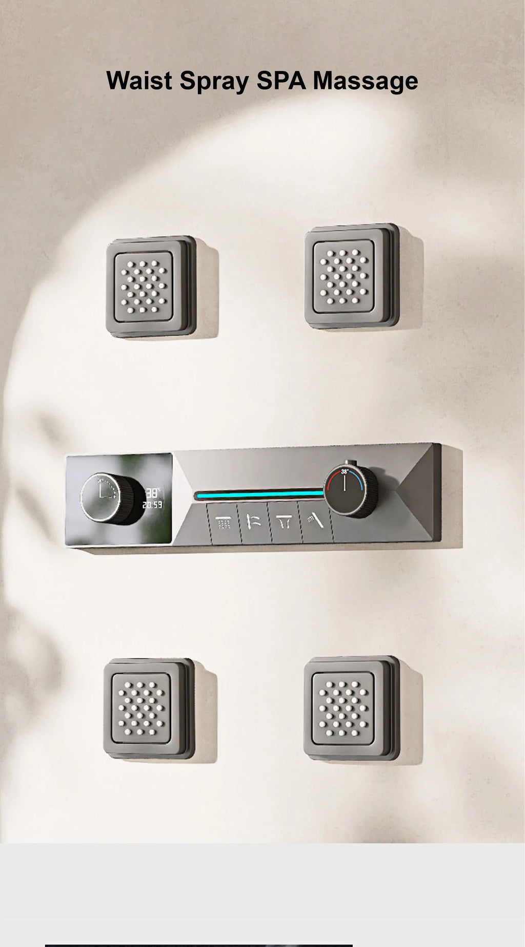 Gunmetal Gray Ceiling Mounted 4-Function Waterfall Shower System with Embedded Brass Thermostatic LED Display Body for Bathroom