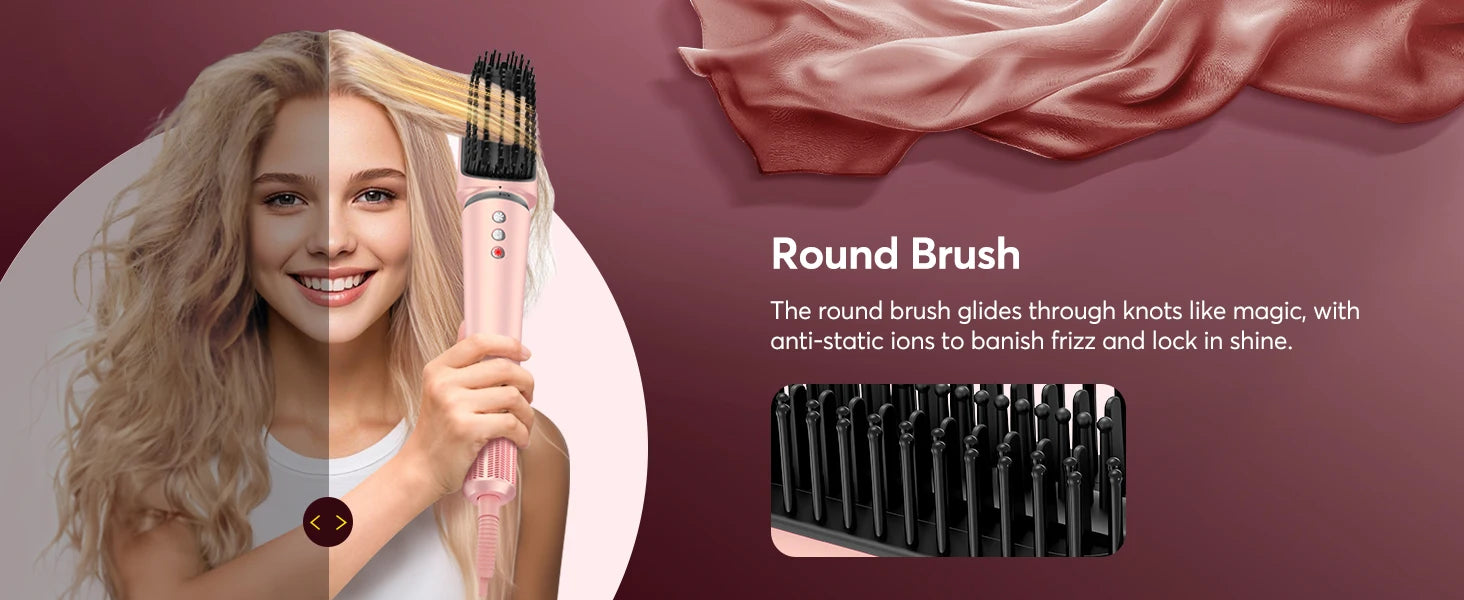 Rose gold 5-in-1 air wrap hair styler with round brush attachment for frizz-free, shiny blowout styling.
