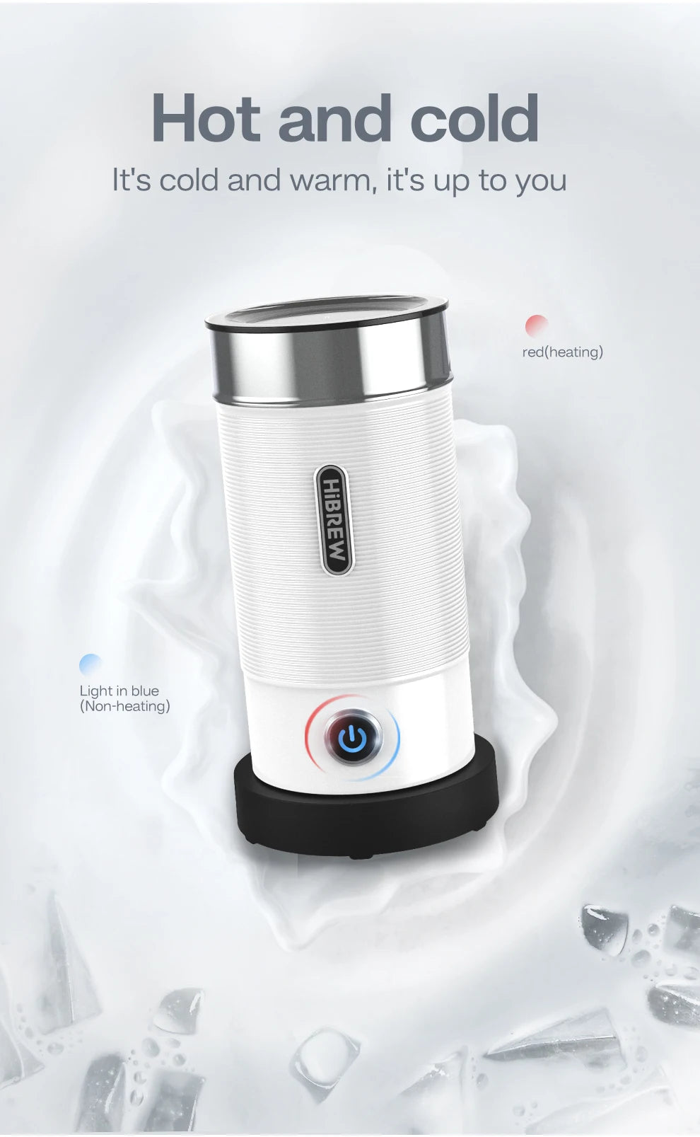 HiBREW electric milk frother, white cylindrical design with stainless steel top and dual-mode hot and cold indicator.