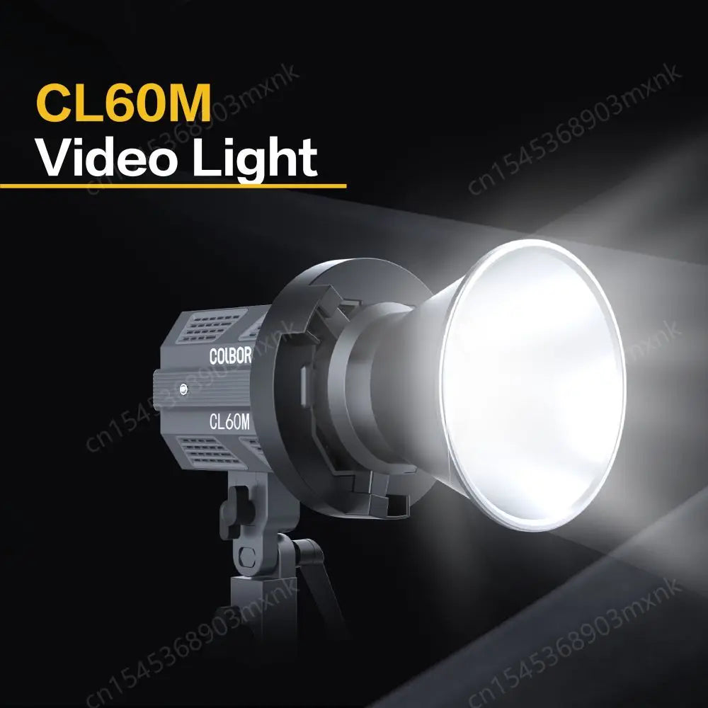 CL60M LED video light with a conical reflector, matte gray housing, and adjustable stand mount emitting bright light.