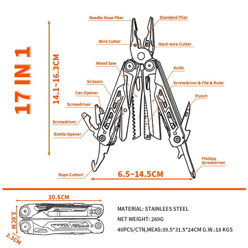 17 In 1 Mini Foldable Plier Multi Tool Folding EDC Multitool Screwdriver Pliers File Ruler Outdoor Hand Tool Sets