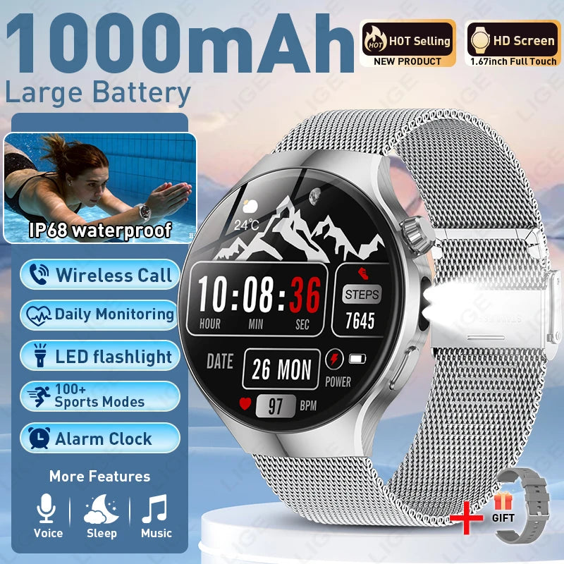 Smartwatch with black round display on silver mesh metal strap