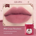 Matte velvet lip mud in #02 Cream Strawberry, a soft-focus gray-pink brown highly pigmented lip gloss.