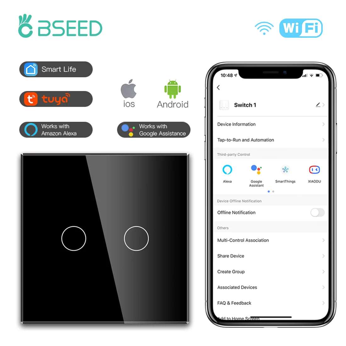 Wifi Smart Light Switch | 1-3 Gang Touch Control | Alexa & Google Compatible 2Gang Switch EU standard Tidesmit