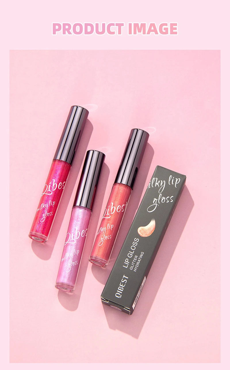 QIBEST shimmering taro purple and glitter lip gloss set with glassy, moisturizing jelly shine on pink background.
