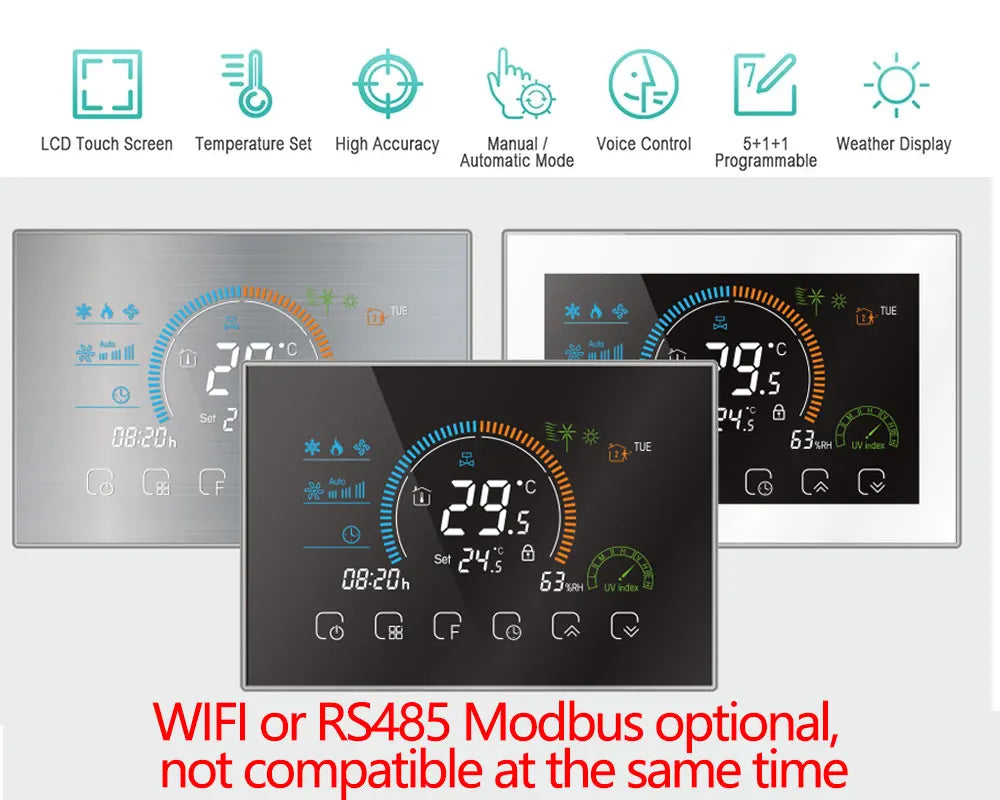 Wifi/RS485/Zigbee Thermostat Air Conditioning 3 Fan Coil Unit Home Cooling/Heating 2/4 Pipe Temperature Controller with Alexa