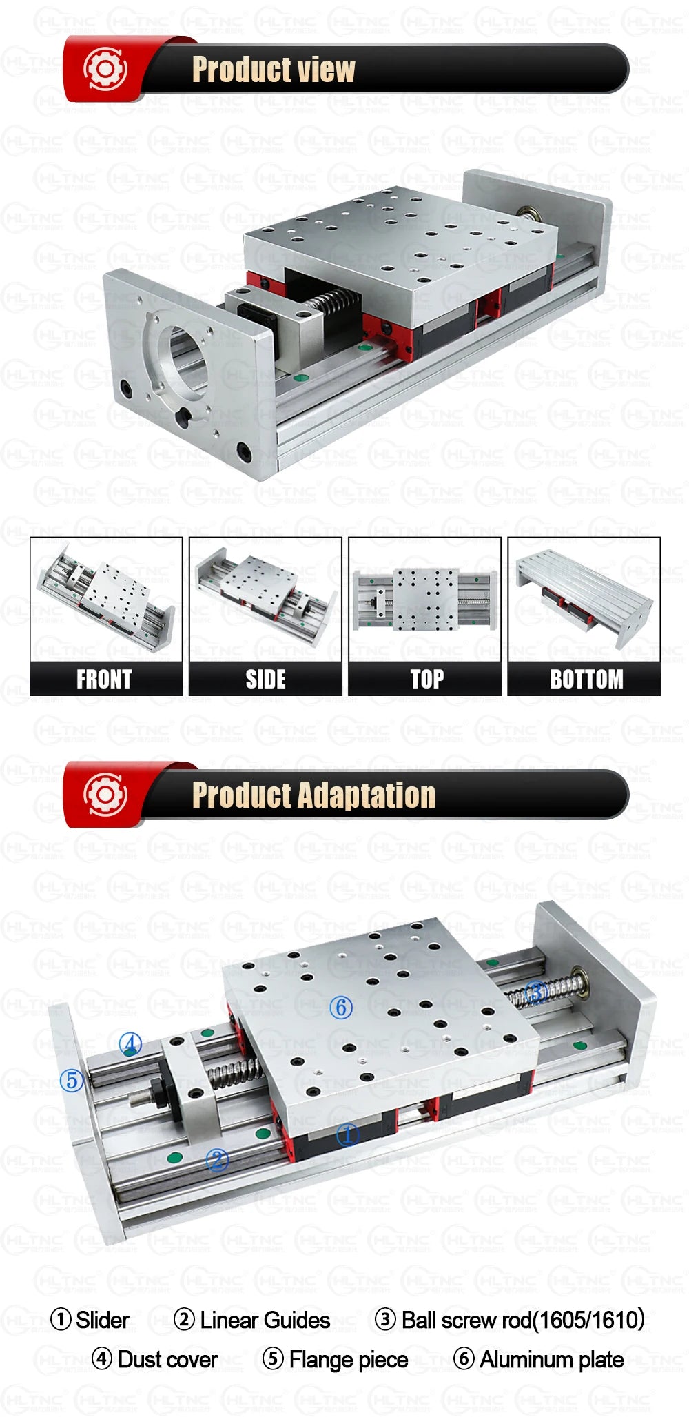 Sliding Table Stage Linear Module With 100mm to 850mm Effective Moving Length + HGR20 Guide Rails + 1605 1610 Ballscrew For CNC