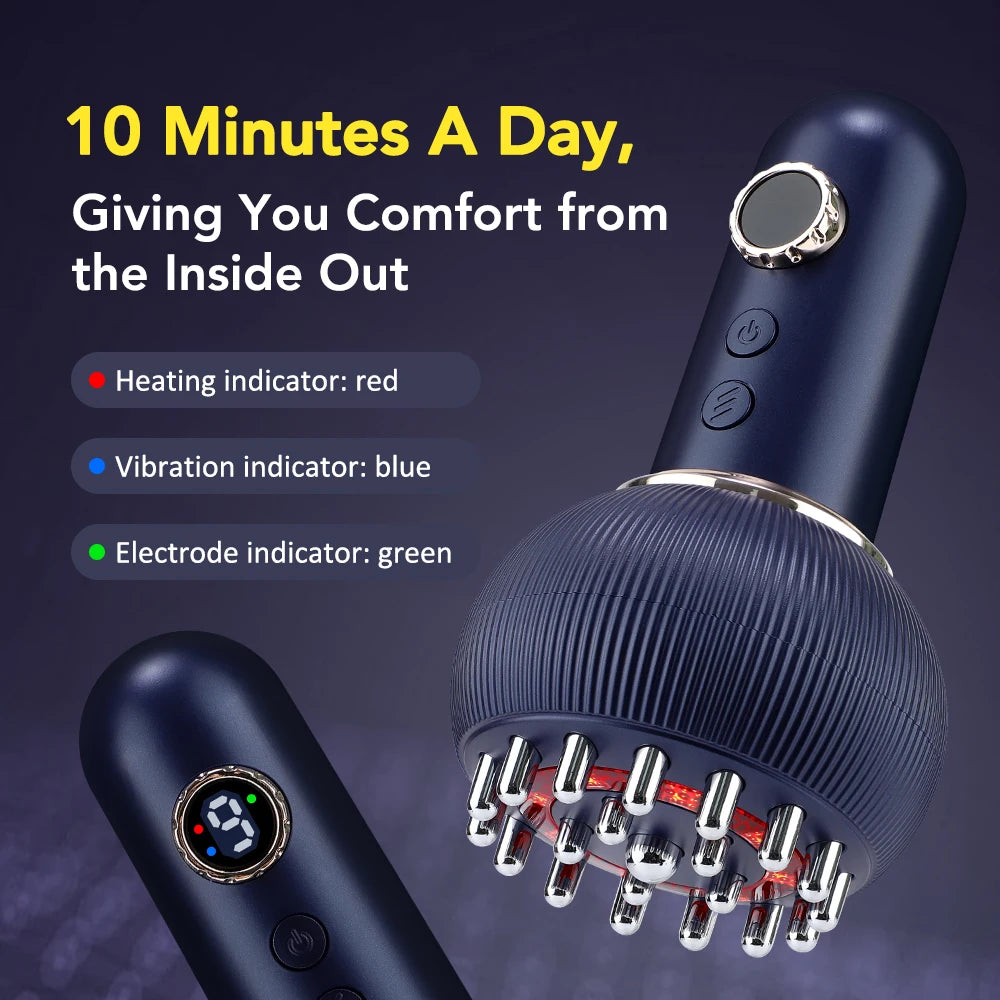 Navy blue 9-gear electric meridian brush with LED display, microcurrent scraping, and hot compress for body massage.