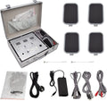 DDS bio-electric therapy device in silver case with four electrode pads, cables, power supply, and conductive glove.