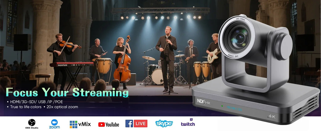 4K 60FPS PTZ Camera NDI 20/30/40X Zoom 1/1.8 CMOS HDMI SDI IP USB Live Streaming Camera POE Supports vMix for Church services