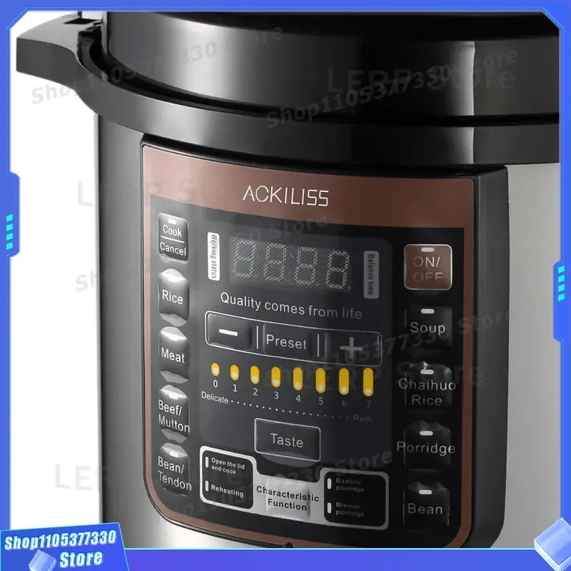 Electric pressure cooker control panel with LCD display and preset program buttons