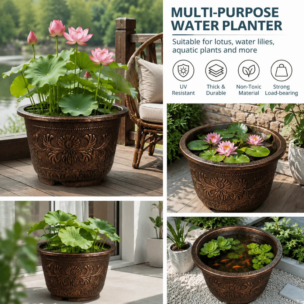 Resin Lotus Planter Pot Large 7.5L Capacity Water Reservoir Planter 19cm Height Copper Bronze Retro Flower Pot Home Gardening