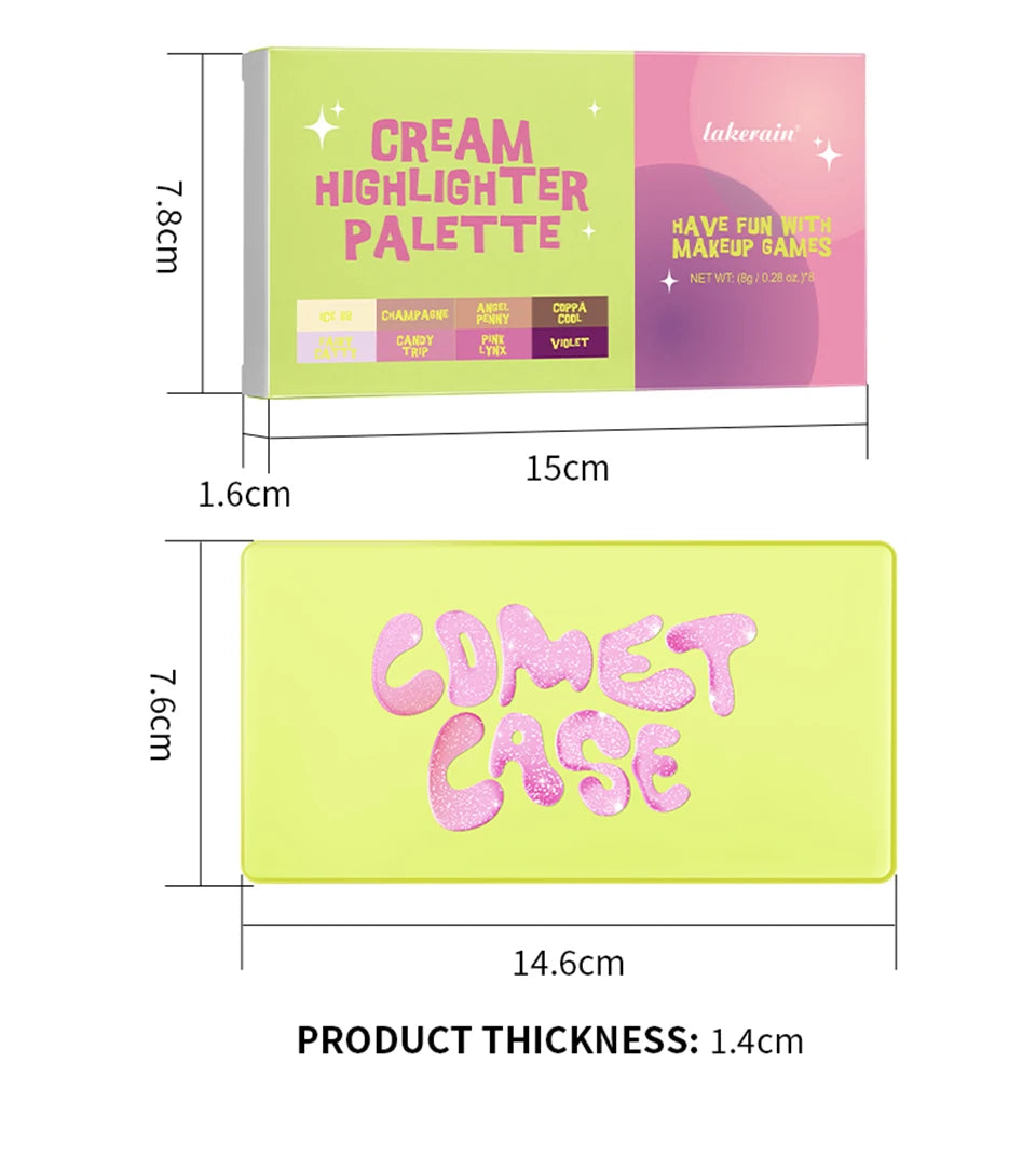 Tidesmit 8 color cream highlighter palette showing shimmer face makeup shades and smooth waterproof texture swatch