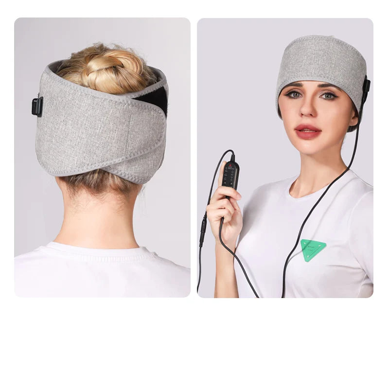 Grey red light therapy heating headband for migraine relief, featuring adjustable strap and handheld remote controller.