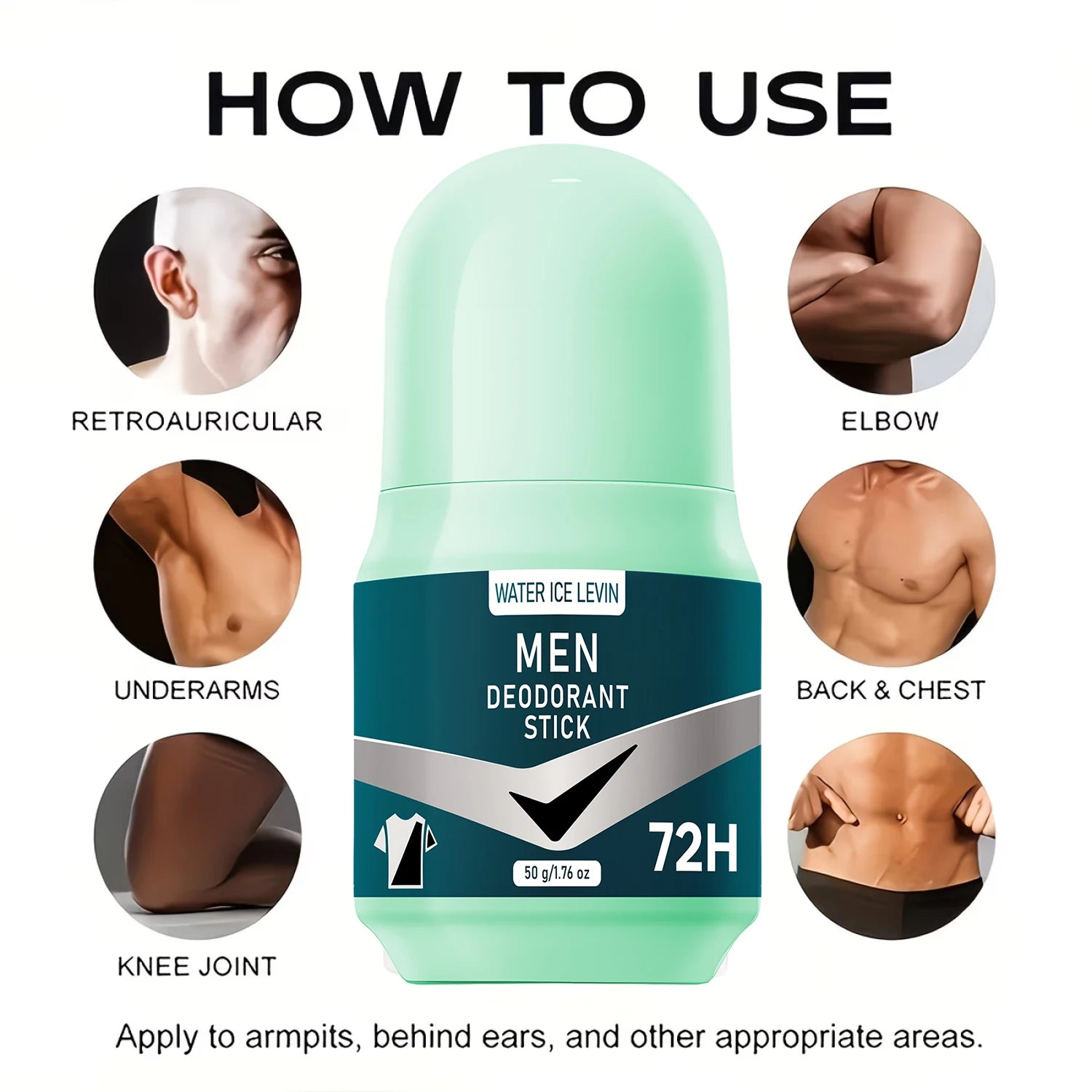 Water Ice Levin men’s 72H deodorant stick in mint green bottle, features usage diagrams for body application.