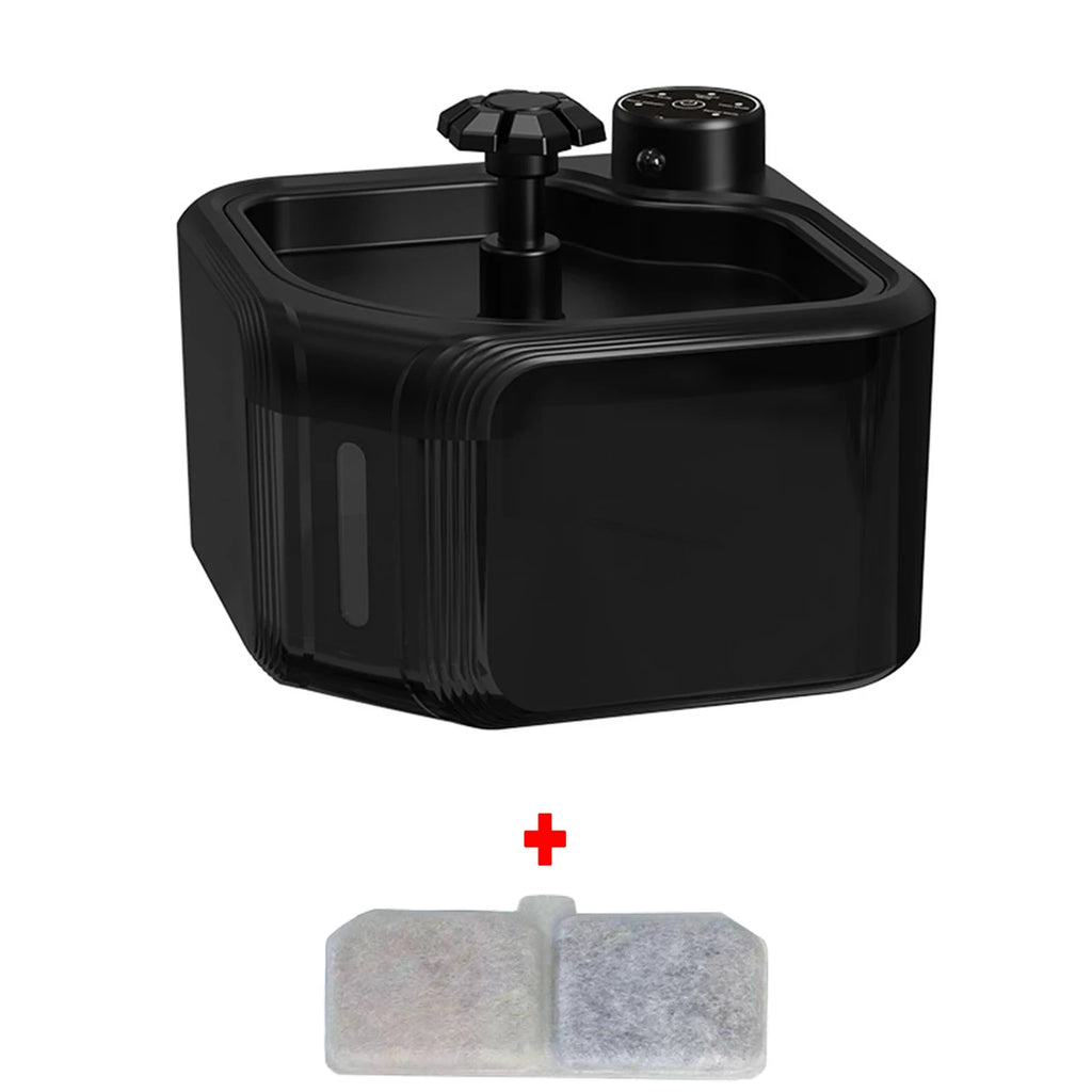 Wireless black 2.8L smart pet water fountain with infrared sensor and filter for fresh drinking for cats and dogs.
