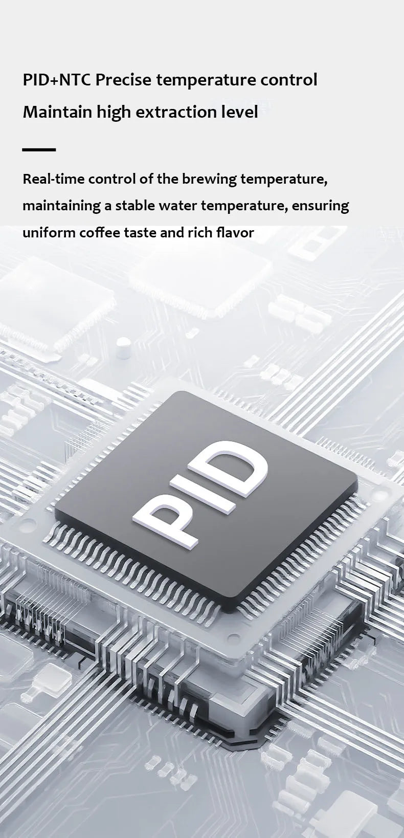 Coffee maker PID and NTC temperature control circuit board for stable brewing and rich extraction flavor.