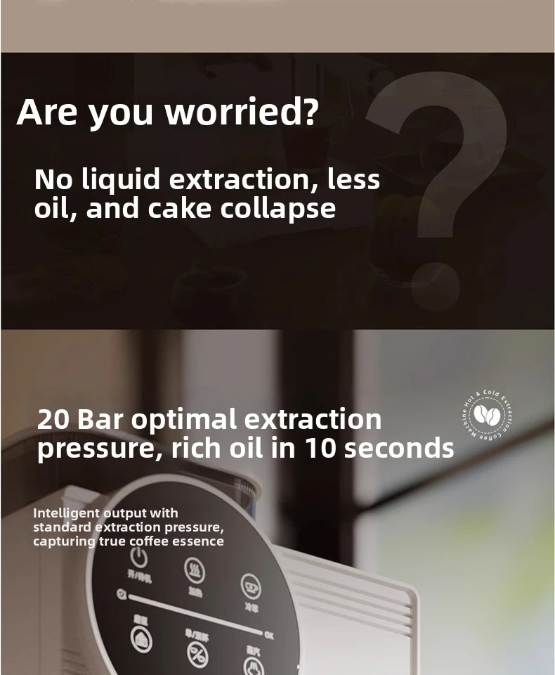 White 20-bar espresso coffee machine with digital touch panel for optimal 10-second extraction of rich coffee crema.