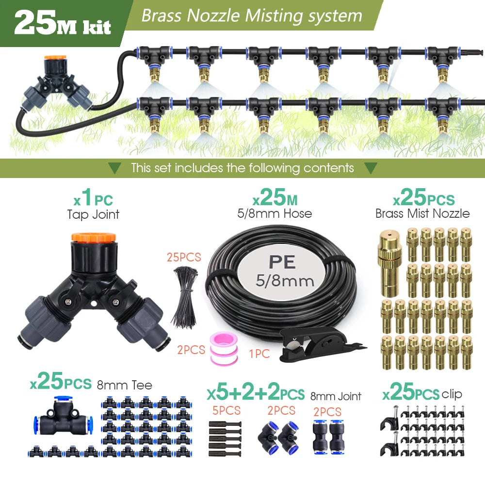 25M brass nozzle misting system kit contents: 5/8mm hose, brass nozzles, tees, clips