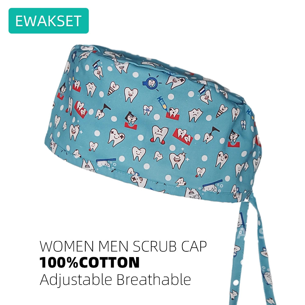Adjustable teal dental scrub cap for vets and nurses, 100% cotton with sweatband for comfortable, breathable wear.