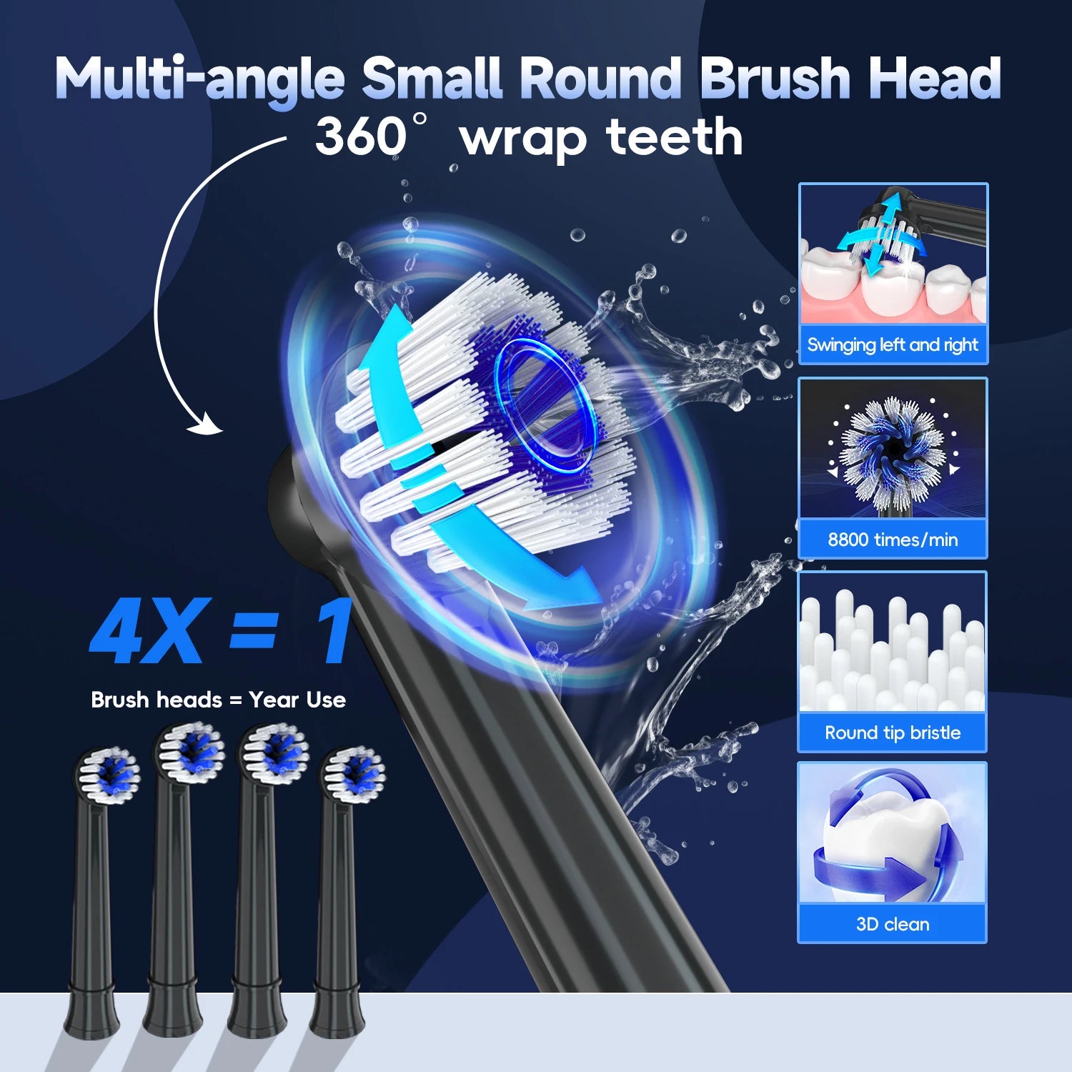 Electric Toothbrush Rotation Clean Teeth Adult 3 Modes Teeth Brush T37 Sonic Electric Tooth Brush With 4 Extra Replacement Heads