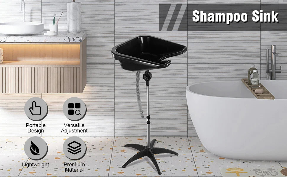 Portable Barber Shampoo Bowl with Adjustable Chair - Black Basin Sink Massage Chairs Tidesmit