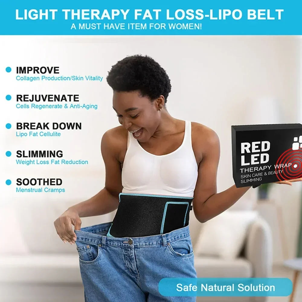 Red and infrared LED light therapy slimming belt for fat loss, pain relief, and skin rejuvenation worn on waist.