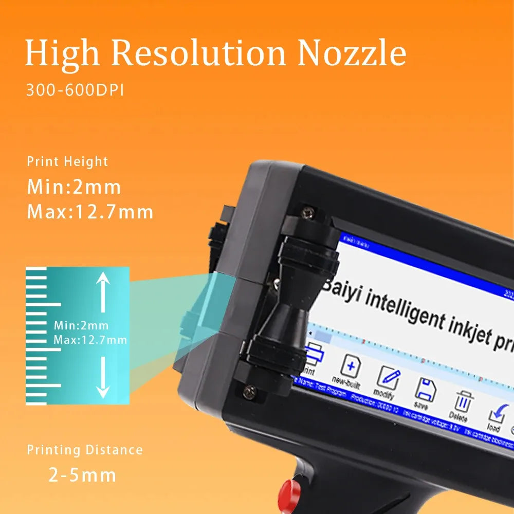 Handheld inkjet printer showing high-resolution nozzle and maximum 12.7mm print height