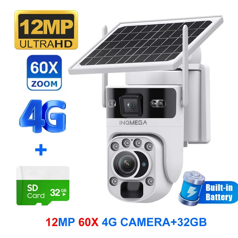 White solar PTZ 4G security camera with dual lens, 60X zoom, 12MP UltraHD, 32GB