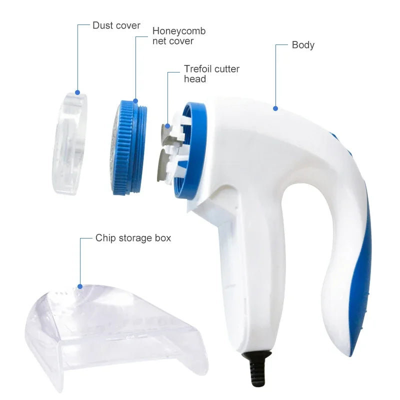 Tidesmit portable electric sweater shaver and lint remover, side view showing hair ball collection container